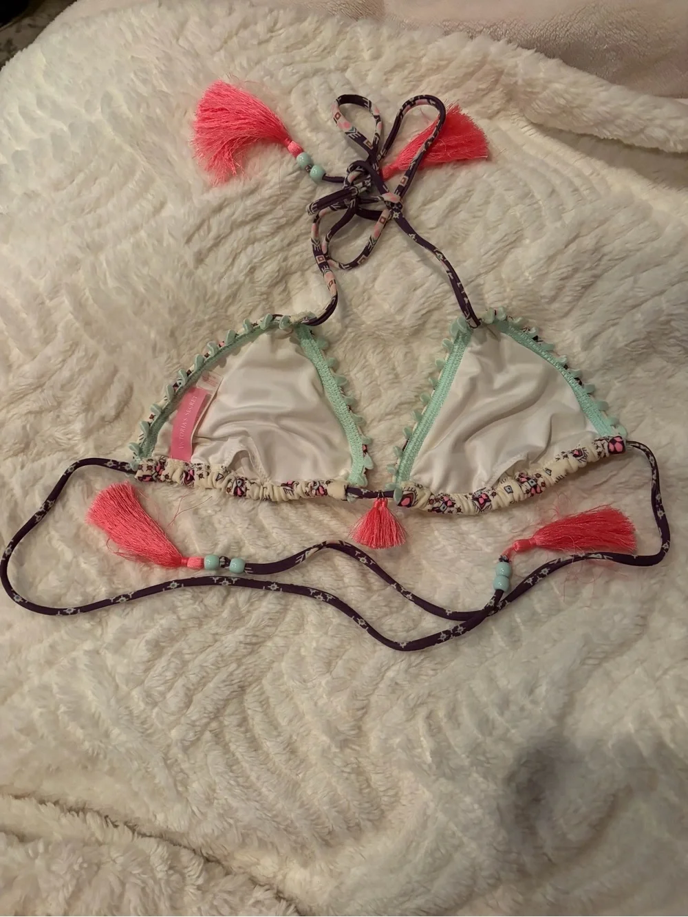 Victoria’s Secret Cream/Purple Triangle Tassel Bikini Top, Sz Medium